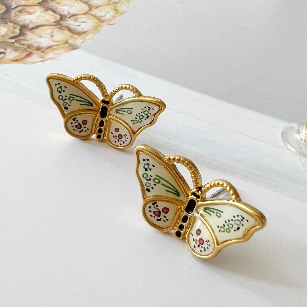 Enamel Butterfly Stud Earrings Gold Plated S925 Silver Posts